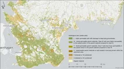 Karta över hydrologiska klasser i södra Sverige