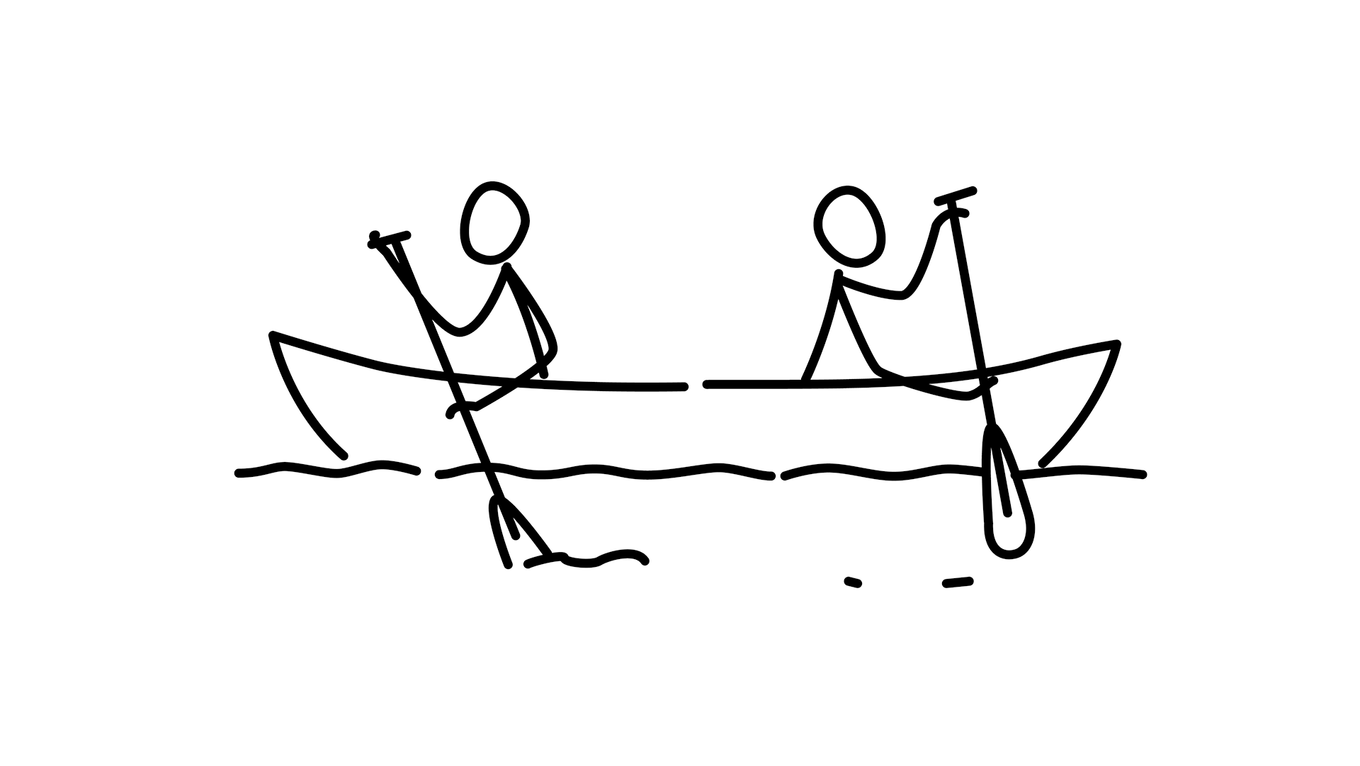 Cartoon image of two people sitting in the same boat but rowing in opposite directions.