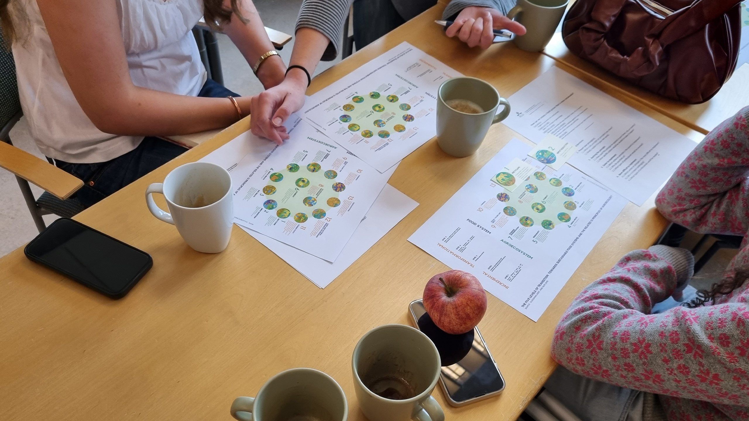 A4-papper, telefoner, kaffekoppar och ett äpple på ett bord. 