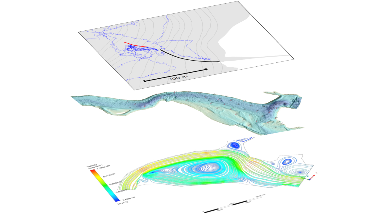 Topografisk dataillustration som visar flödesvägar. Den nedre delen innehåller en färgglad hastighetskarta.