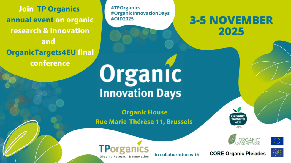 Banner för Organic innovation days, blå och gröna färger med texten "Organic innovation days" i mitten. Illustration.