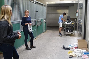 Foto av människor ståendes i stallbyggnad i vardagskläder med provtagningsutrustning.