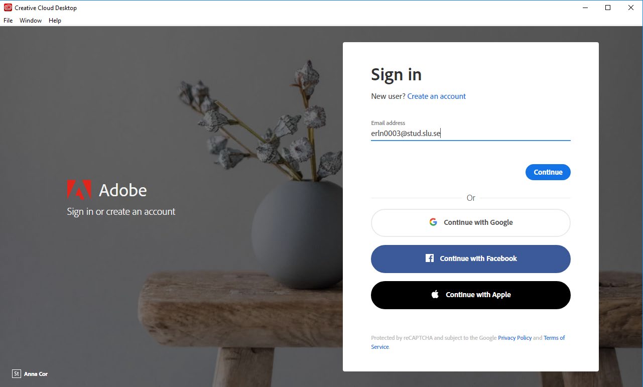 Skärmklipp som visar hur du aktiverar Adobe-kontot