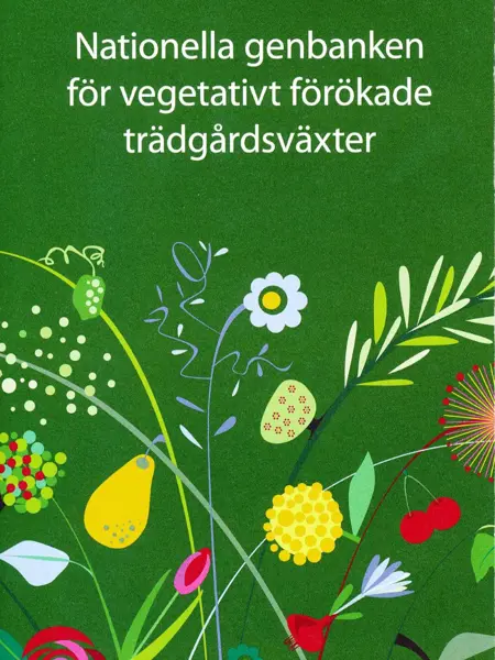 Framsidan på foldern "Nationella genbanken för vegetativt förökade trädgårdsväxter". Framsidan är grön med ett tecknat mönster med blommor och blad.
