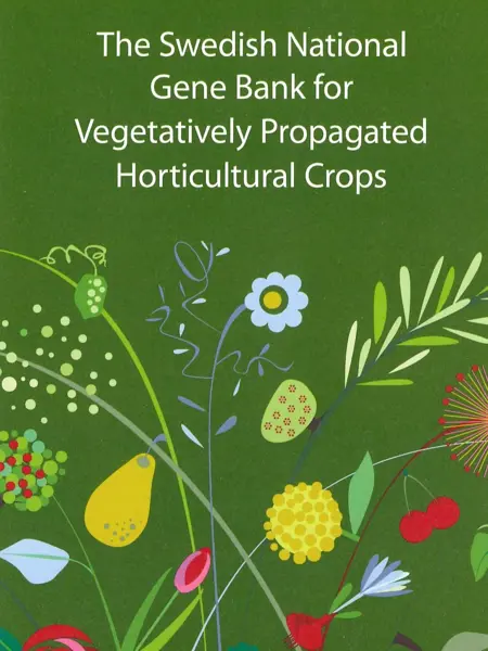 Framsidan på foldern "The Swedish National Genebank for vegetatively propagated horticultural crops" är grön med tecknade blommor, blad och frukter i gult, rött, blått och grönt.