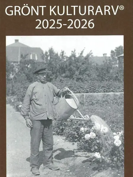 Närbild av framsidan av foldern. Framsidan domineras av ett svartvitt foto av en trädgårdsmästare som vattnar rosor med en vattenkanna. Fotot är taget i början av 1900-talet. Resten av framsidan är brun med texten Grönt kulturarv 2025-2026.