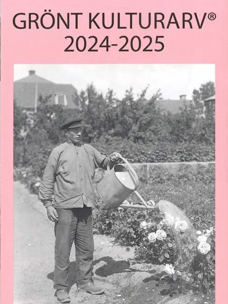 Framsidan av Grönt kulturarv-foldern är rosa med ett svartvitt foto av en trädgårdsmästare som vattnar rosor med vattenkanna.