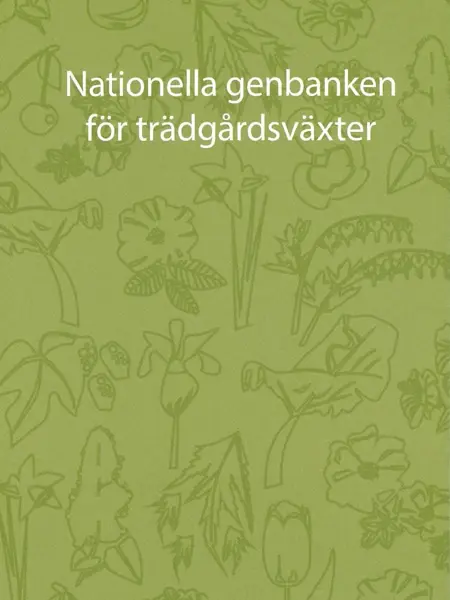 Framsidan av foldern är grön med ett mönster av konturer av olika trädgårdsväxter som strandiris, pelargon och syren. Överst står "Nationella genbanken för trädgårdsväxter".