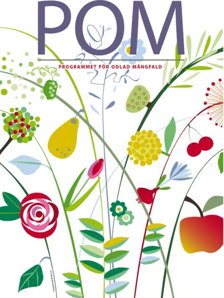 Framsidan av broschyren om Pom är vit med ett tecknat mönster av blommor, blad och frukter.
