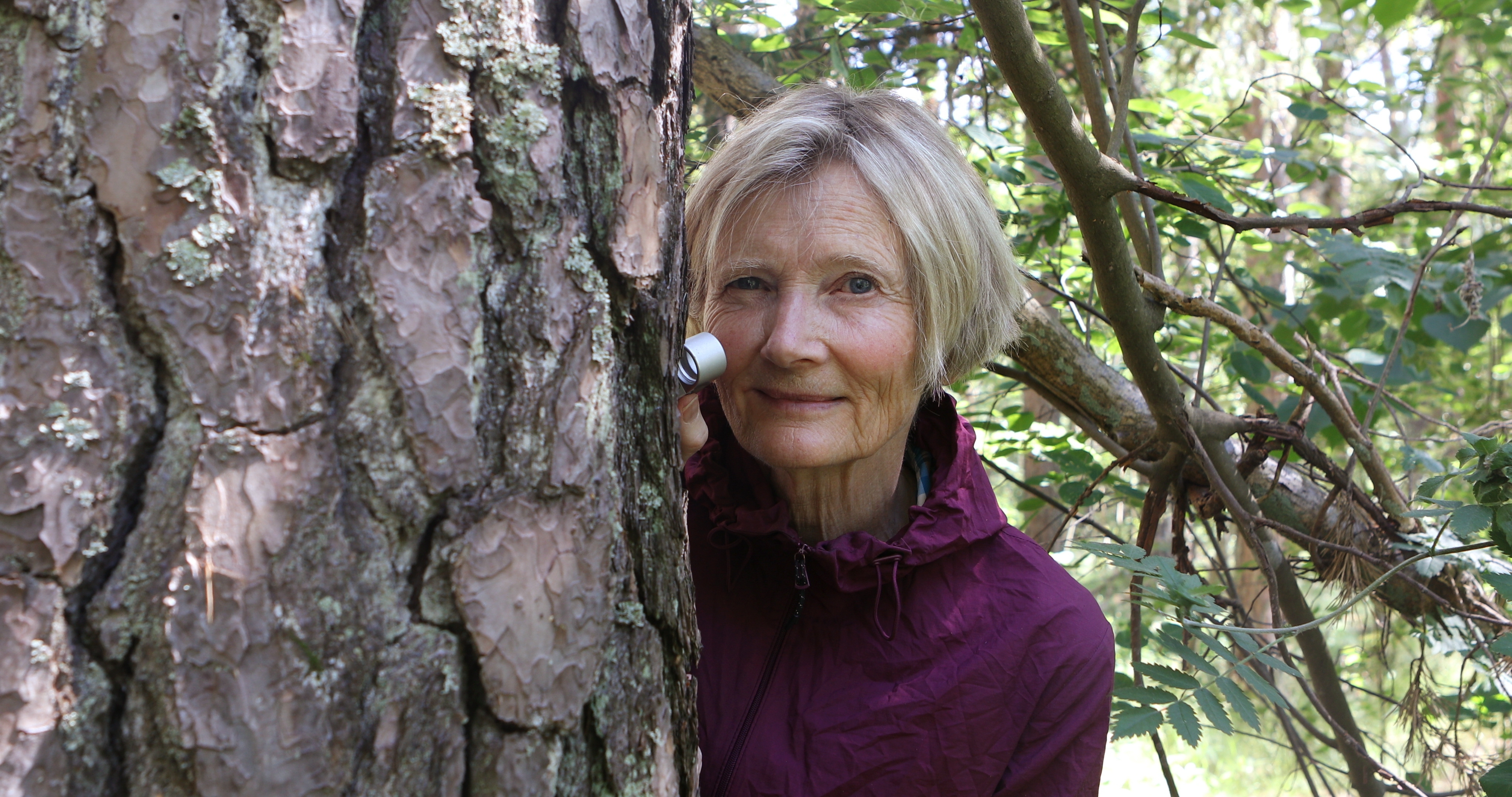 En kvinna i lila vindjacka står vid en trädsam med en fältlupp i handen. 