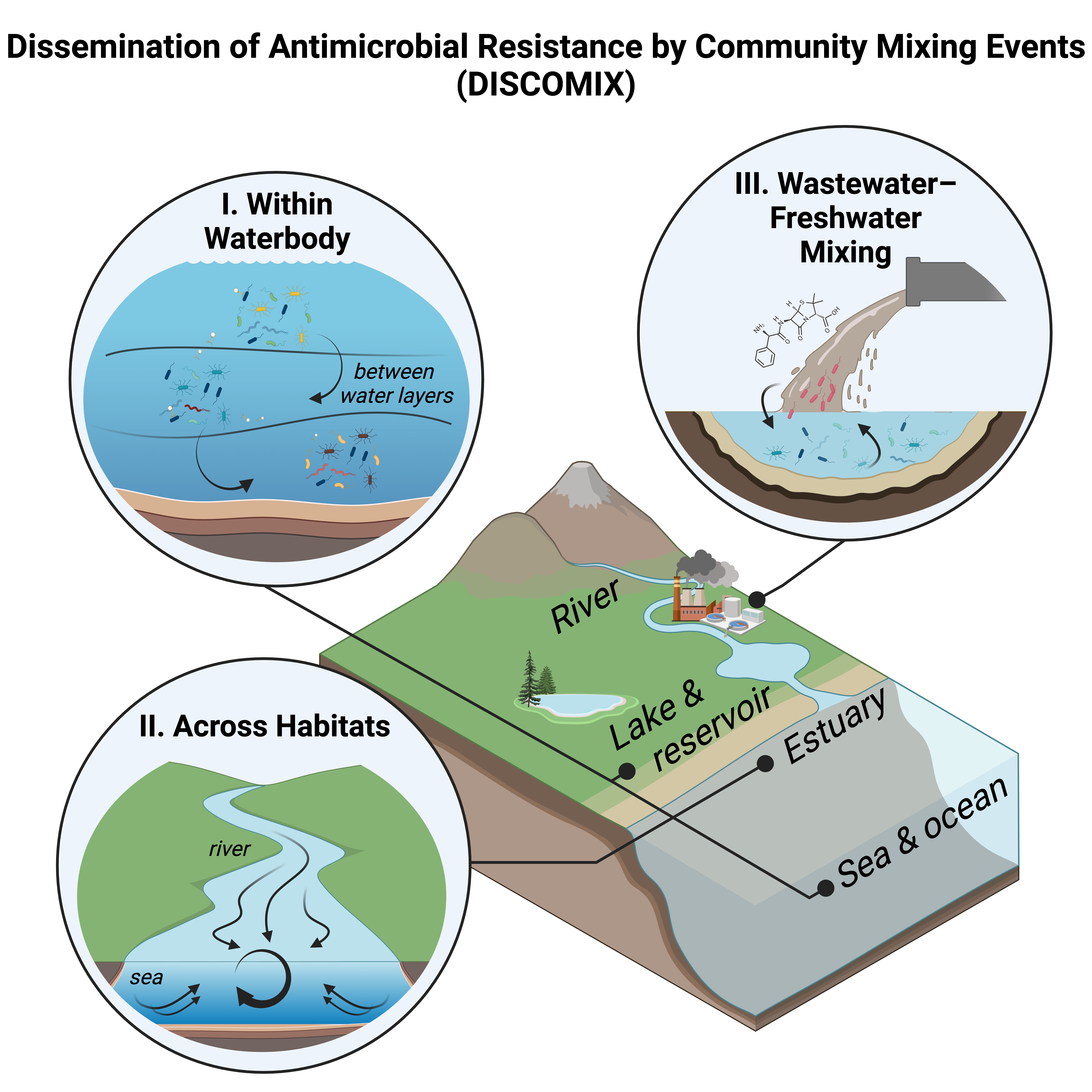 Examples of community mixing scenarios in aquatic environments contributing to the potential dissemination of antimicrobial resistance (AMR)