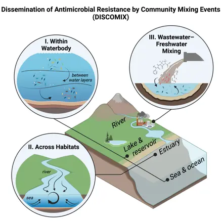 Exempel på scenarier där samhällsblandning i akvatiska miljöer bidrar till spridningen av antimikrobiell resistens (AMR)
