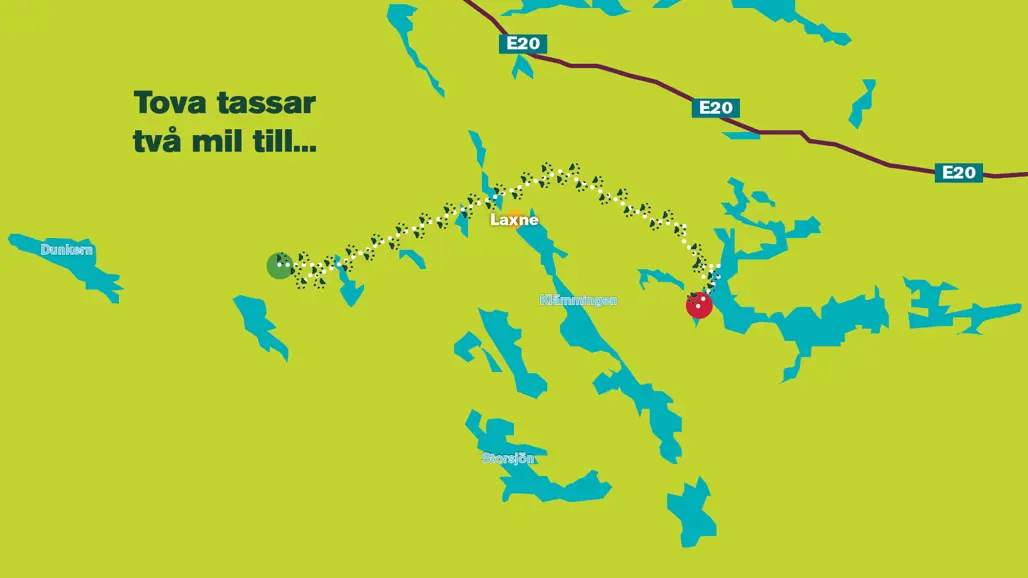 Stiliserad karta över del av mellansverige som visar hur ett lodjur rört sig under ca en vecka. Illustration.