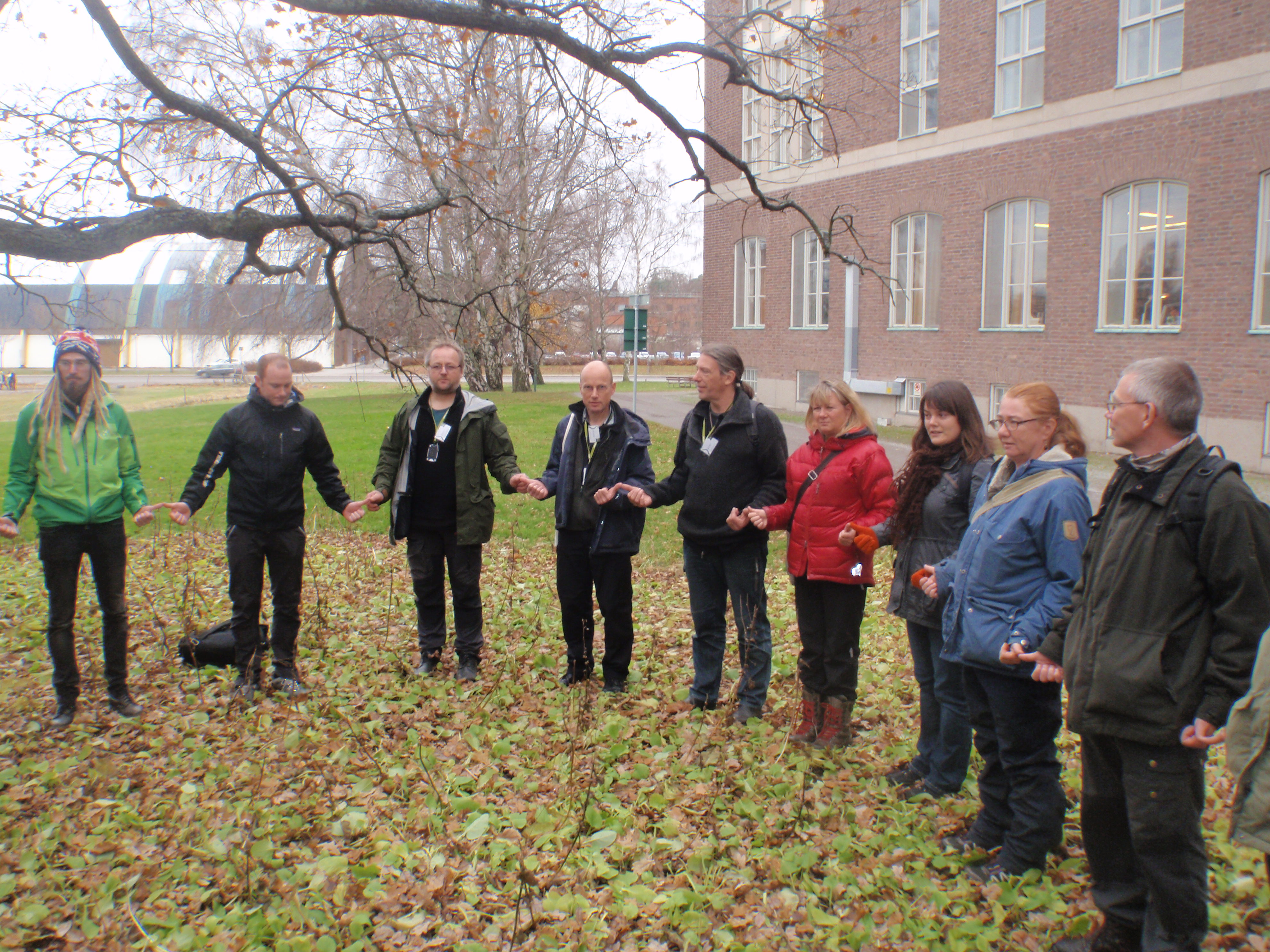 Personer står i en cirkel utomhus