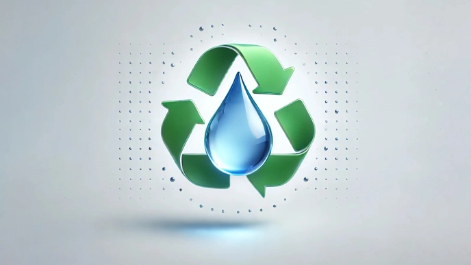 A drop of water framed by a symbol of recycling