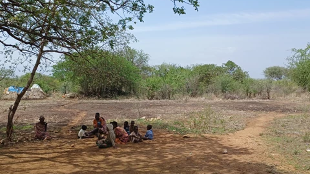 A group of people sitting together under a tree on a field.