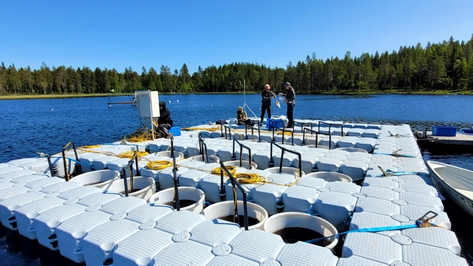 Researchers work on a large floating platform with multiple cylindrical tanks on a lake, surrounded by forest under a clear blue sky.