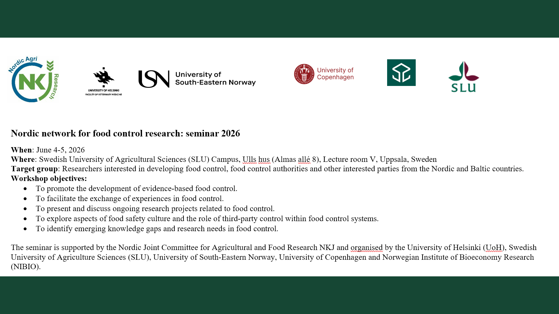 Illustration of an invitation to the Nordic Network at SLU, featuring descriptive text about the event and logos for Nordic Agri Research, the University of Helsinki, the University of South-Eastern Norway, the University of Copenhagen, and the Swedish University of Agricultural Sciences.