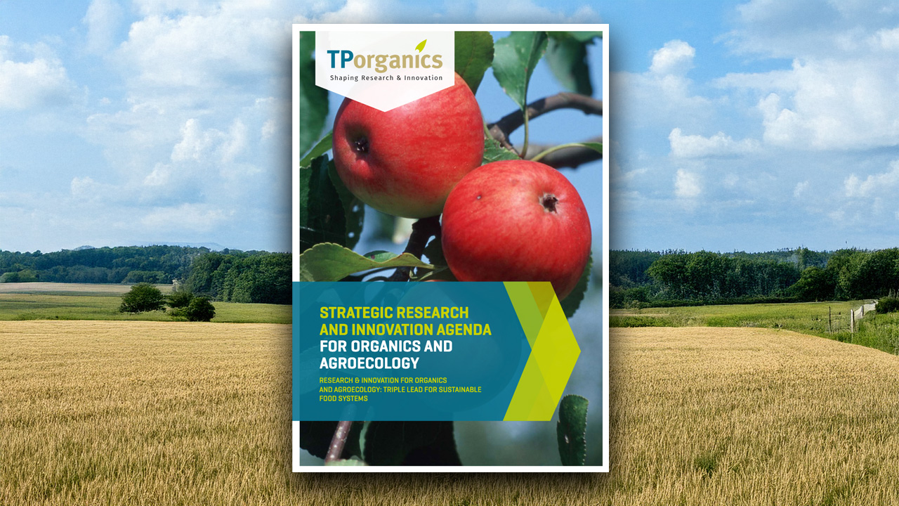 Framsida av forskningsagenda innehållande ett foto med röda äpplen. Jordbrukslandskap som bakgrund.