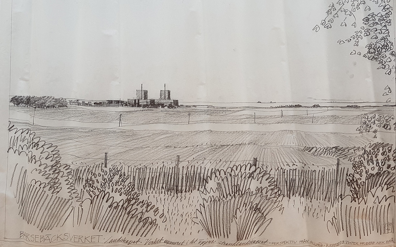 Perspektiv av Barsebäcksverket, illustration av Jan-Olov Jarlöv 1971 (LTV-fakultetens arkiv, SLU Alnarp, Per Fribergs arkiv, projektnummer 573)