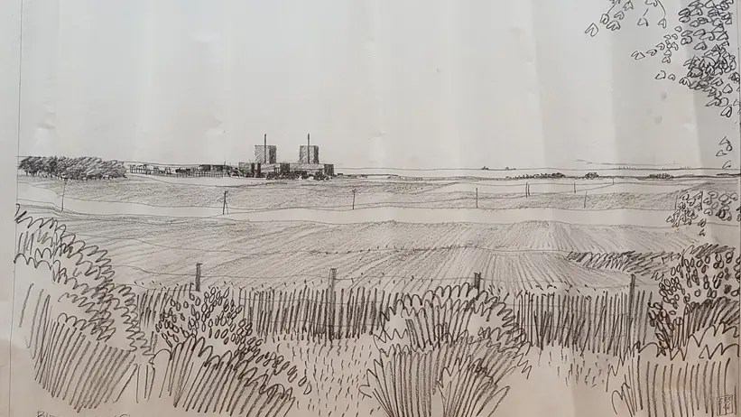 Perspektiv av Barsebäcksverket, illustration av Jan-Olov Jarlöv 1971 (LTV-fakultetens arkiv, SLU Alnarp, Per Fribergs arkiv, projektnummer 573)