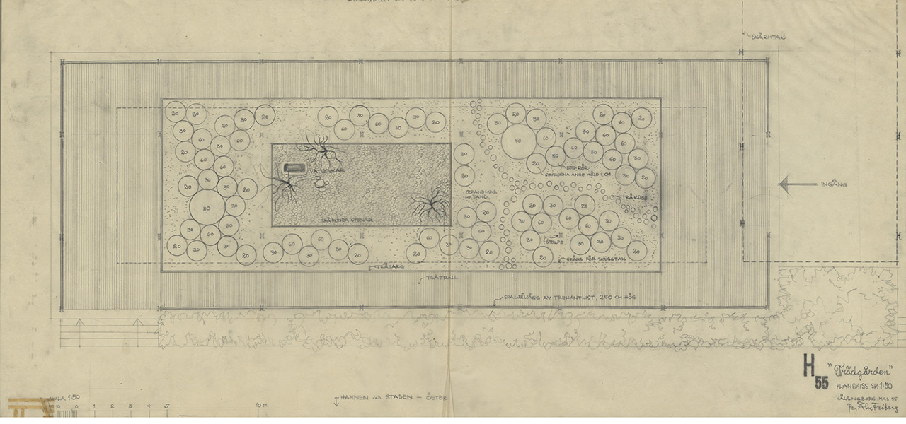 Planritning och planteringsplan för H55-pergolan, 1955. (LTV-fakultetens arkiv, SLU Alnarp, Per Fribergs arkiv, projektnummer 222)
