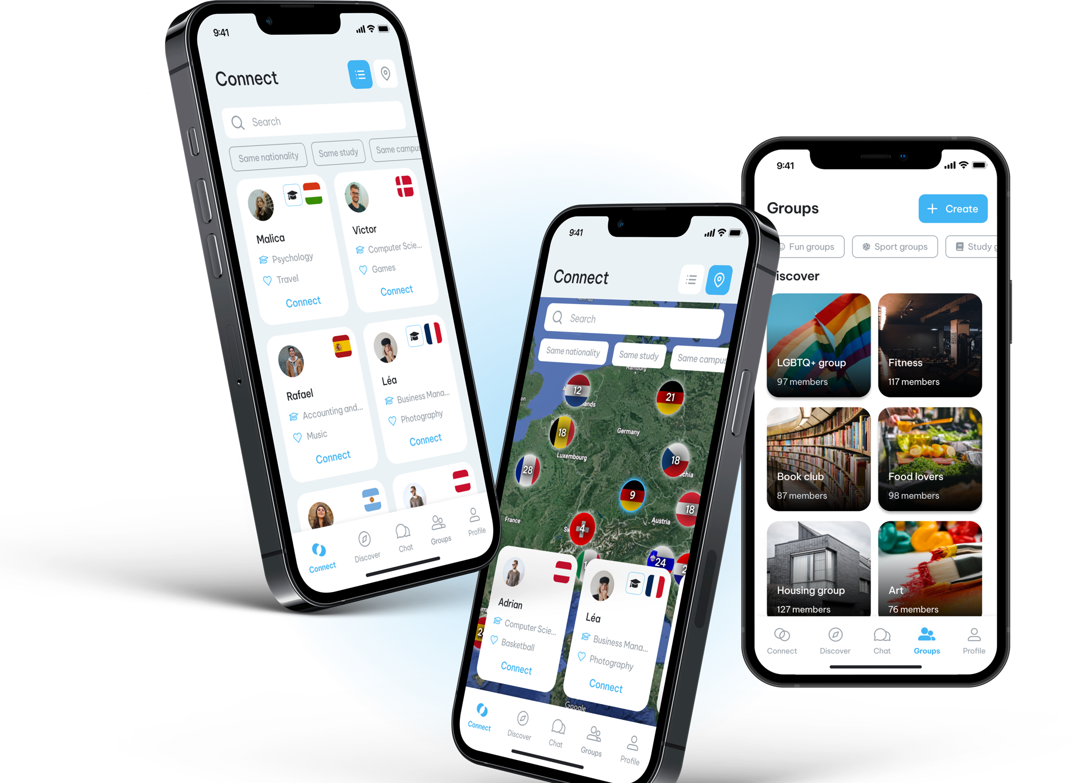 Three smartphone screens displaying a student app with features for finding connections, a map with location pins, and interest groups.