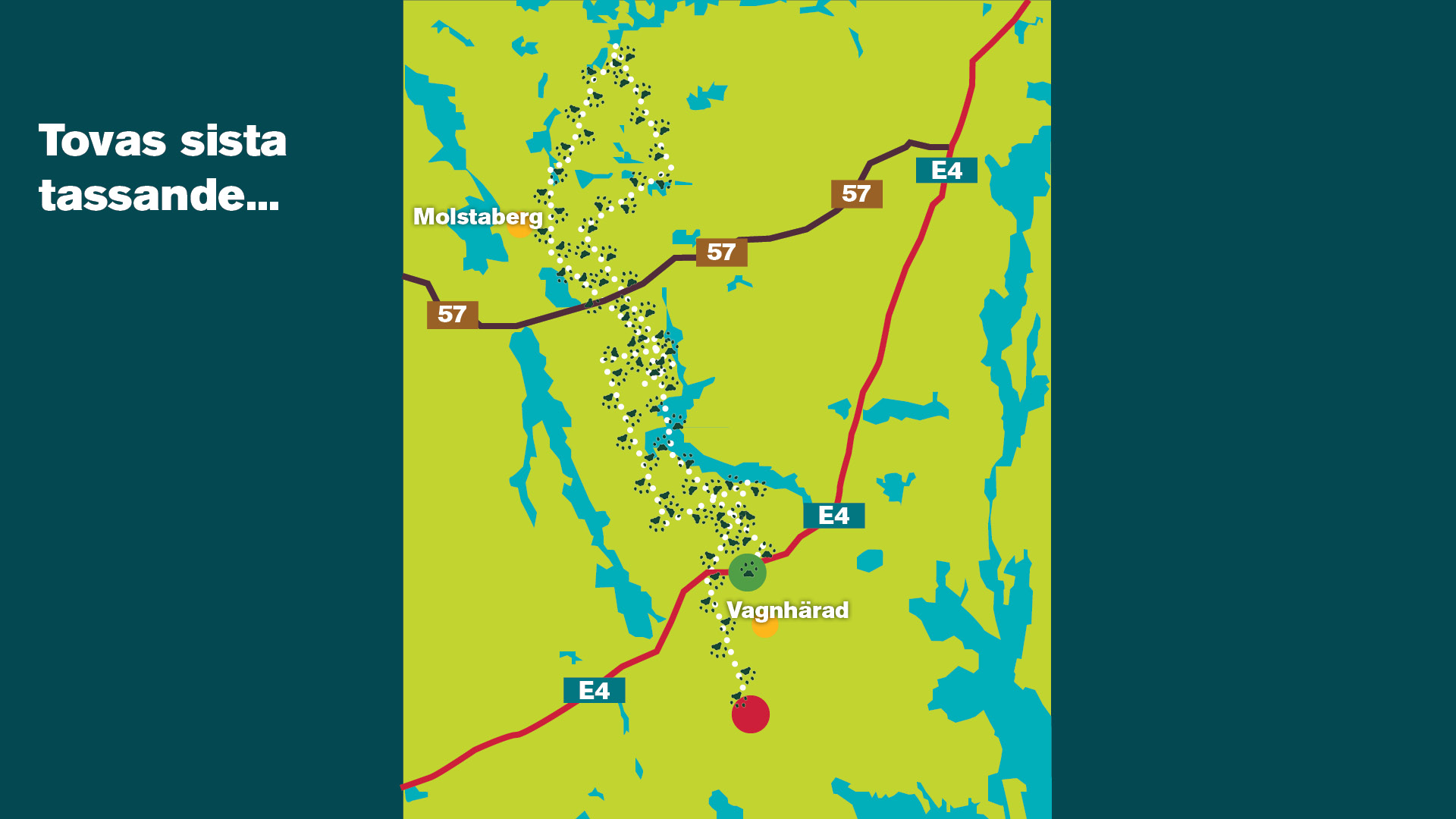 Stiliserad karta över mellansverige som visar ett lodjurs vandring i områden runt bland annat Vagnhärad och Molstaberg. Illustration.