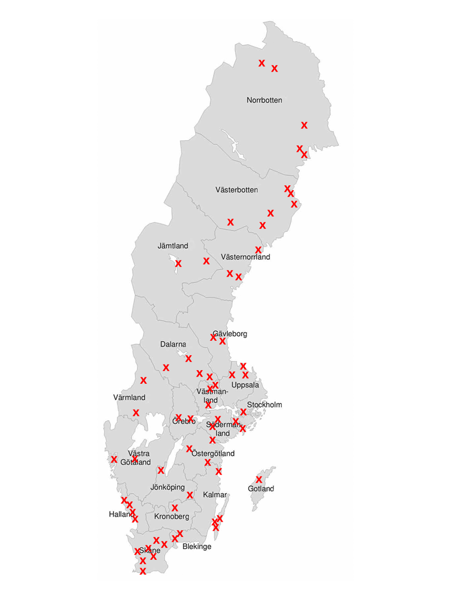 Testodlarna finns spridda i hela landet från Smygehuk till Kiruna