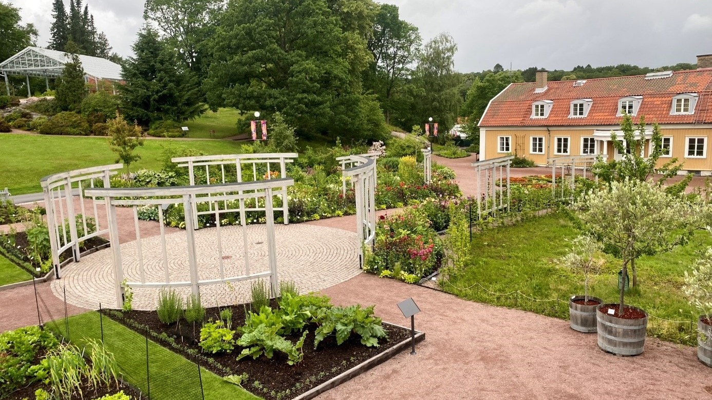 Framför ett gult avlångt trähus breder en trädgård med gångar och rabatter ut sig. 