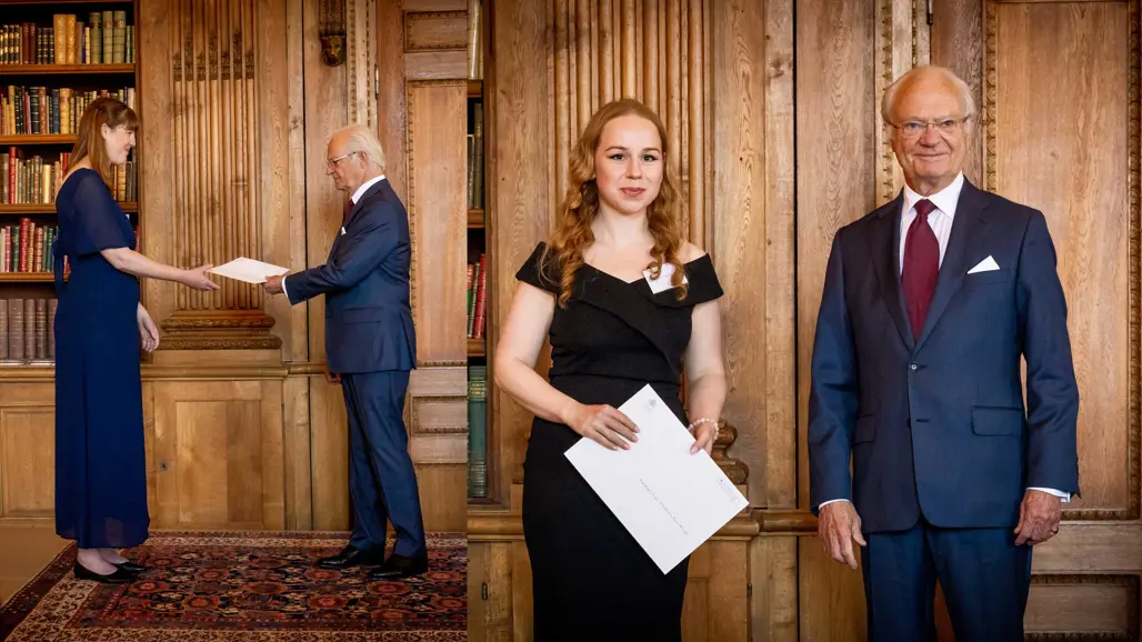A picture in two parts, on the left a woman shakes hands with a man, on the right a woman and a man stand next to each other. Photo.