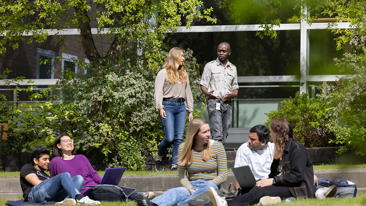 Students at the Faculty of Forest Sciences at SLU in different environments inside and outside the SLU building on the Umeå campus.