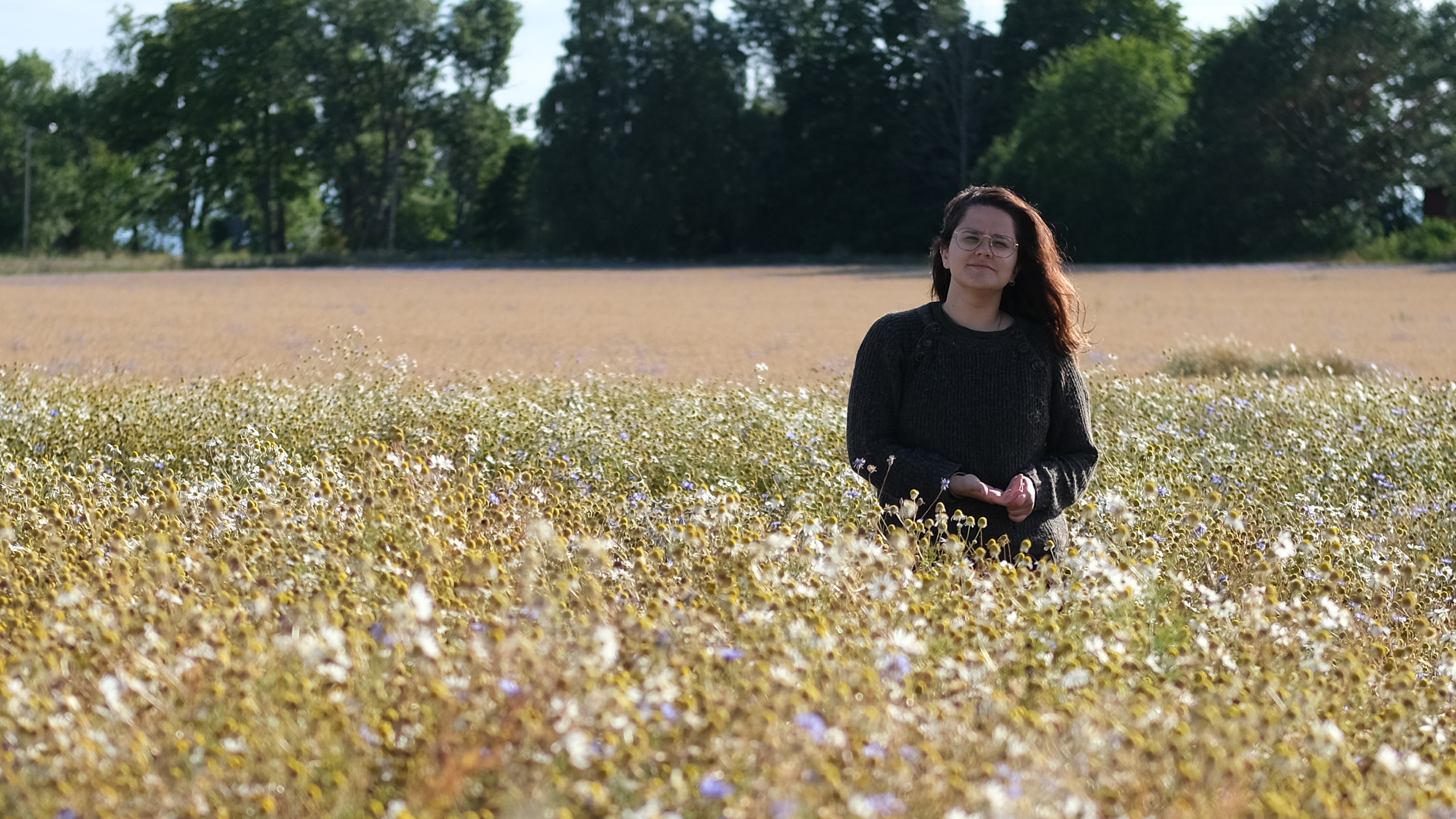 A person is standing in a field, trees and sky are visible in the background.