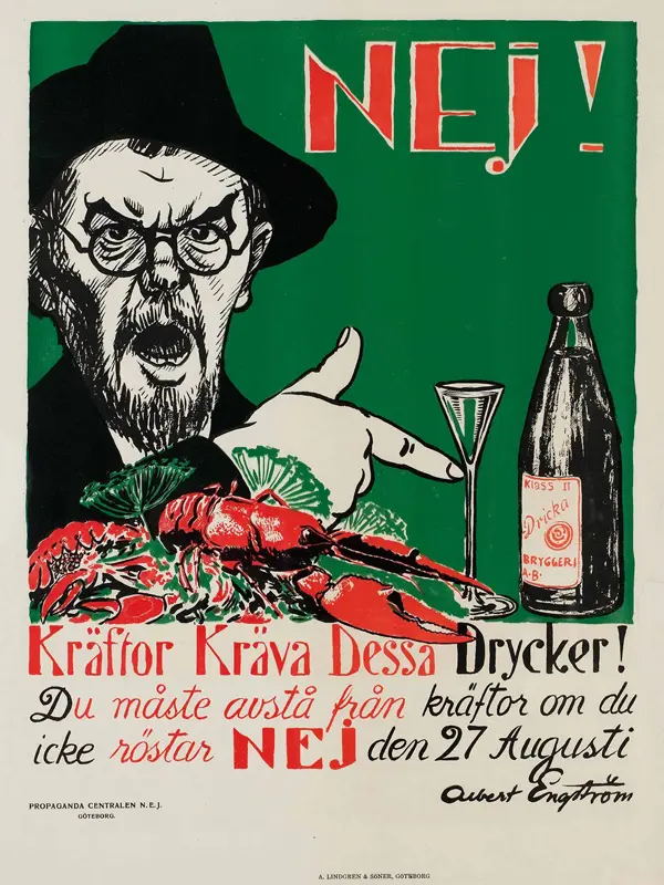 Affisch från folkomröstningen om totalförbud mot alkoholdrycker 1922. Texten lyder: "Kräftor kräva dessa drycker! Du måste avstå från kräftor om du icke röstar nej den 27 augusti"