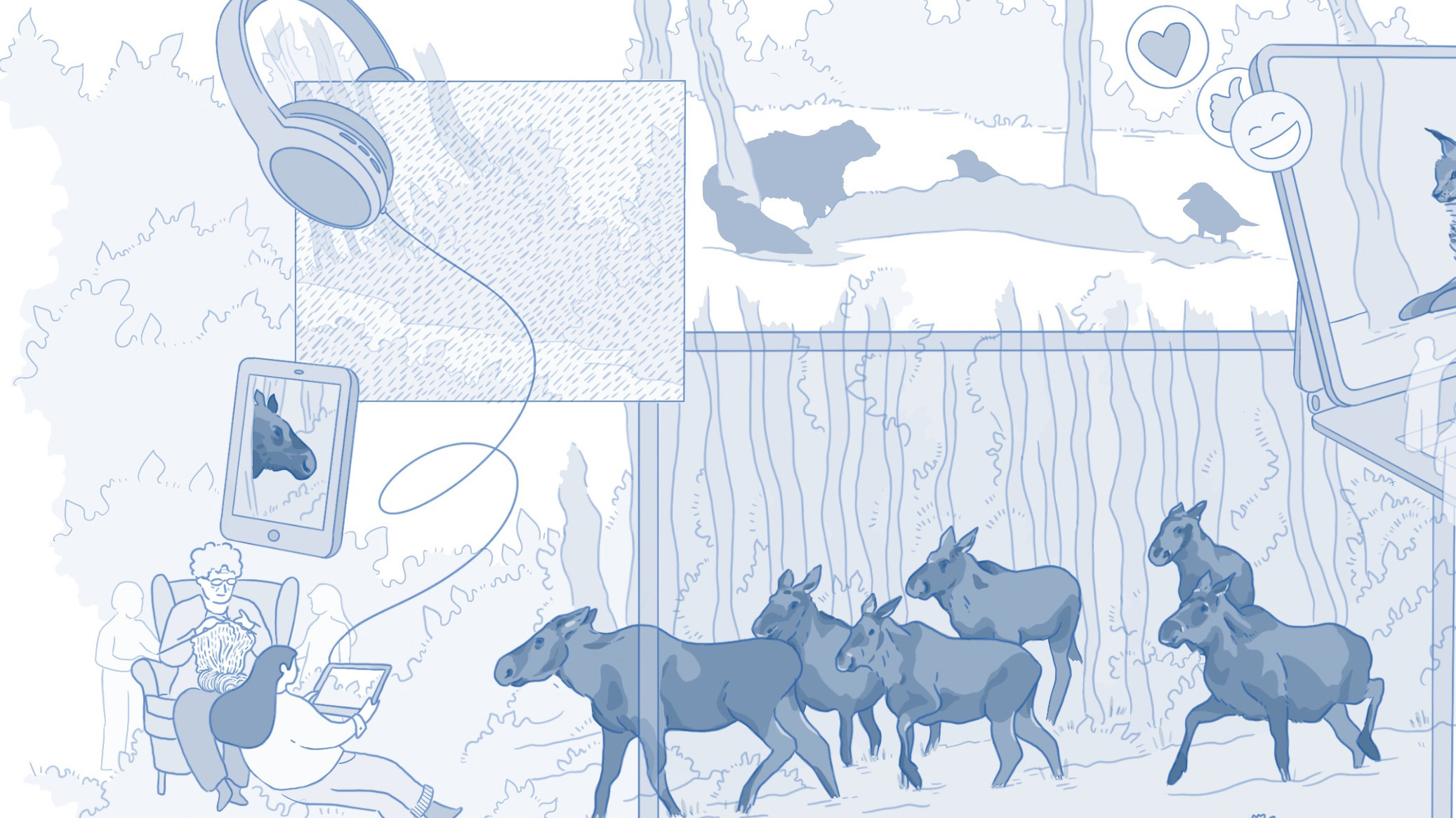 Illustration som visar människor som upplever älgvandringen tillsammans. 