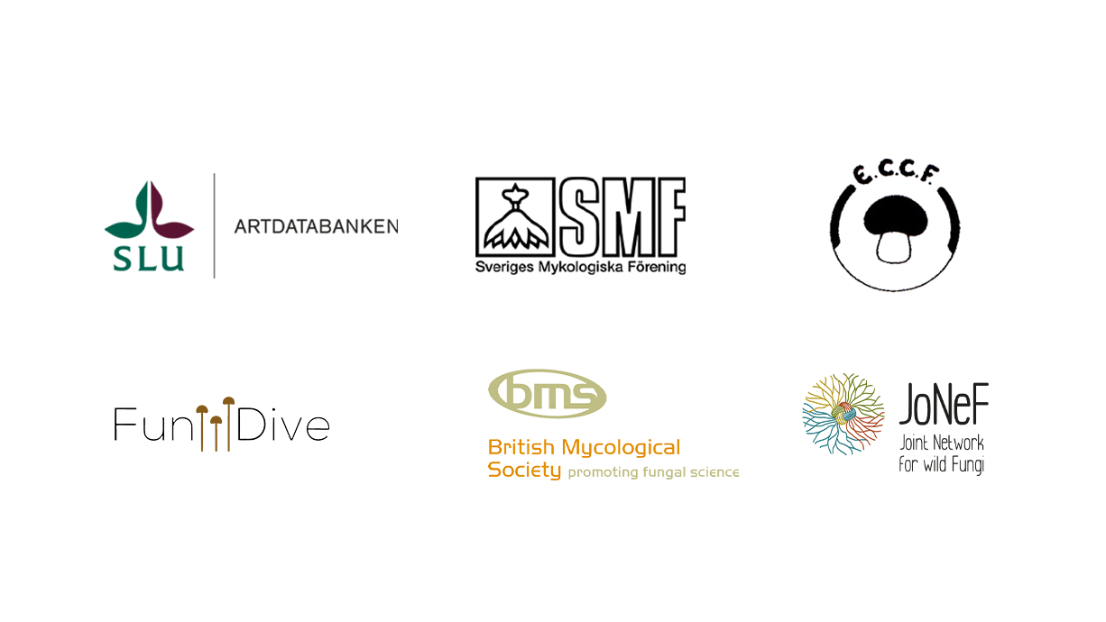 Logotypes for SLU Swedish Species Information Centre, Swedish mycological society, ECCF, FunDive, BMS and JoNeF.