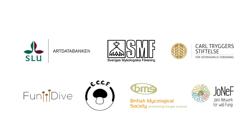 Logotypes for SLU Swedish Species Information Centre, Swedish mycological society, The Carl Tryggers Foundation, ECCF, FunDive, BMS and JoNeF.