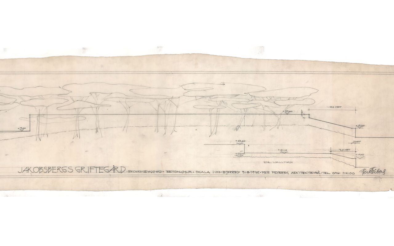 Sektion av betongmur från Jakobsbergs griftegård, 1972.