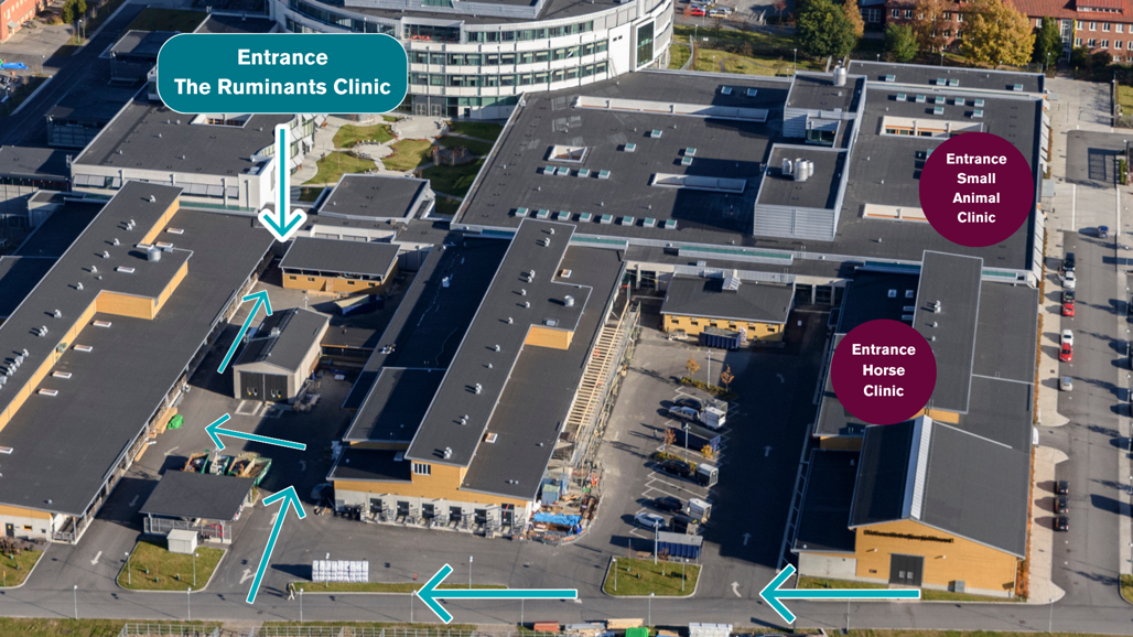 Aerial photo view of buildings with arrows showing directions.