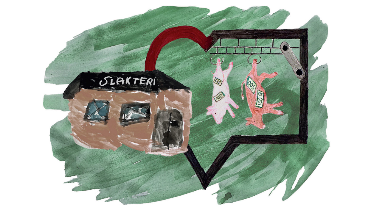 A drawing depicting a slaughterhouse, animals hanging in a row, and money.