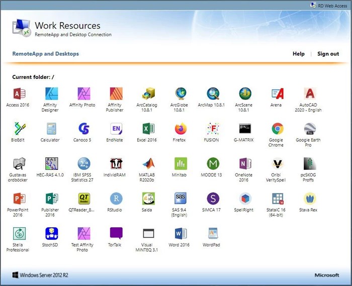Picture showing all software that can be used via the service My Desktop