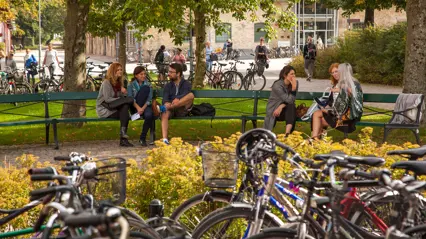 Studenter samtalar i grupper på bänkar i en grönskande parkmiljö vid Campus Alnarp, omgivna av träd, cyklar och gulnande buskar en solig höstdag.