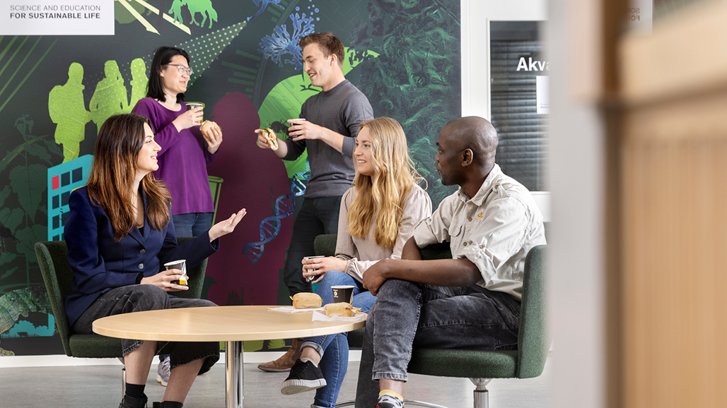 Students sitting around a table talking.
