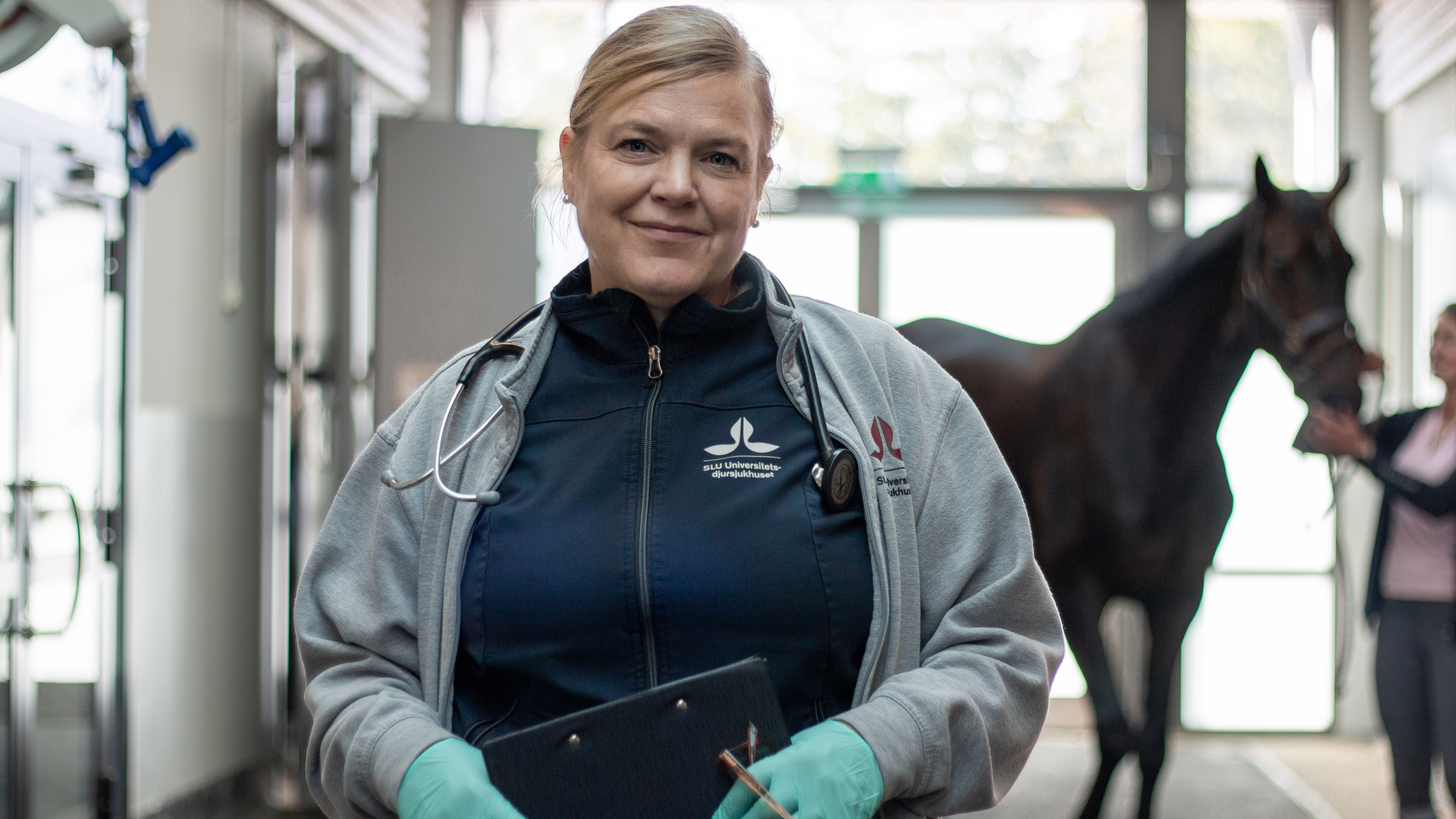 Foto av en kvinnlig veterinär (Miia Riihimäki, SLU) på en hästklinik med en häst passerande i bakgrunden.