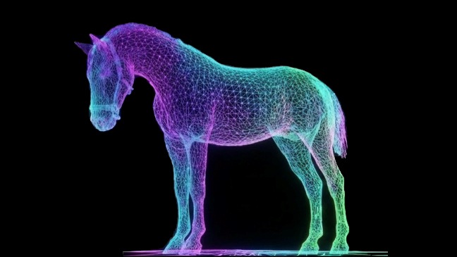 Illustration av en inscannad tredimensionell häst i regnbågens färger mot svart bakgrund.