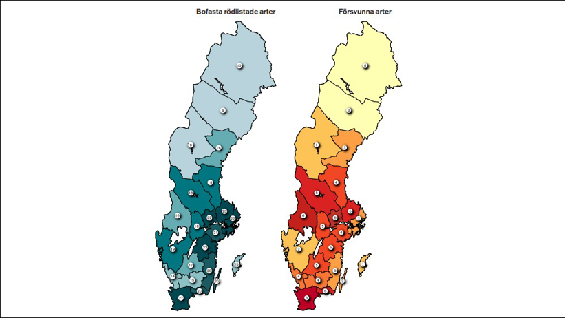 Två Sverigekartor som visar bofasta rödlistade arter respektive försvunna arter.