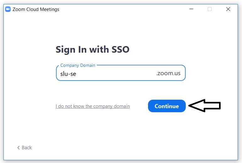 Skärmbild av Zoom - Logga in med SSO, continue