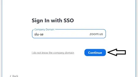 Screenshot of Zoom - Sign in with SSO, continue
