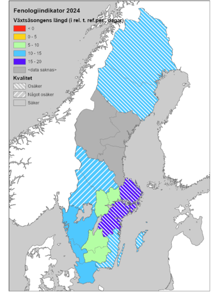 Sverigekarta som visar avvikelsen för växternas växtsäsong 2024, jämfört med förr.