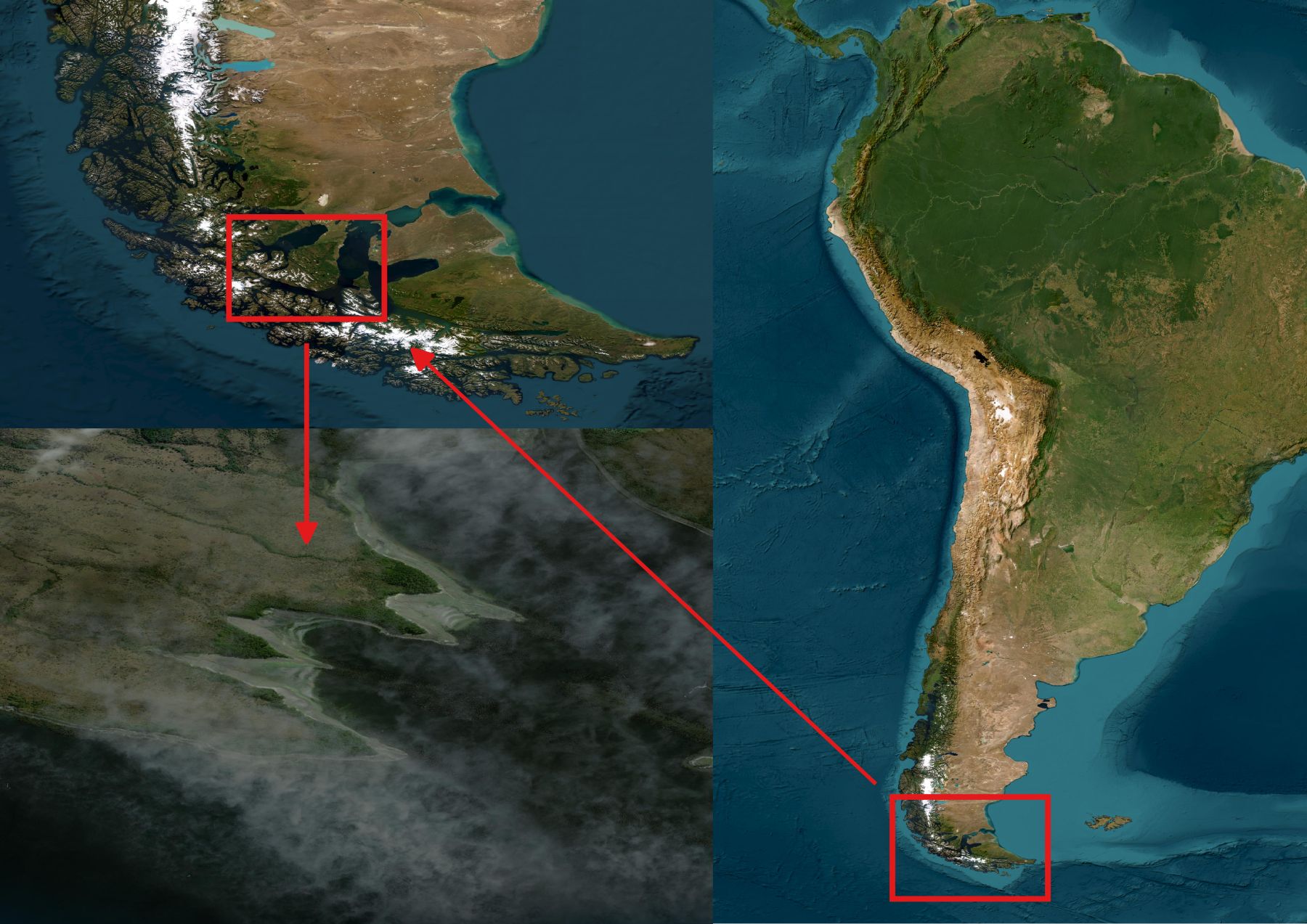 Map of South America highlighting regions in Patagonia and Tierra del Fuego.